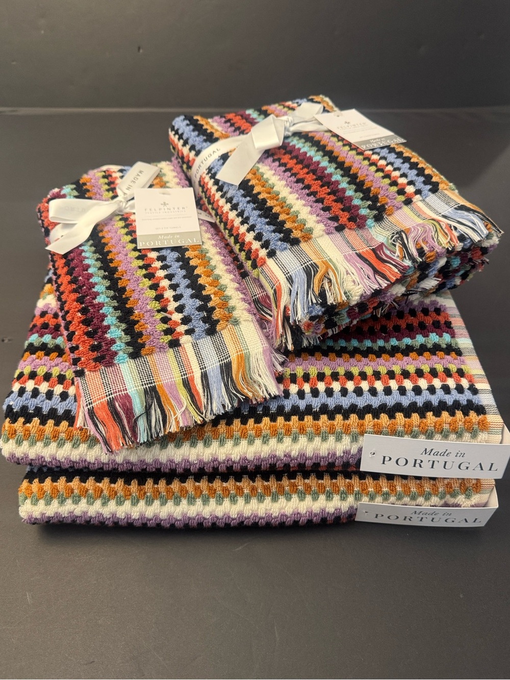 6pc FELPINTER Extra Long Combed Cotton Bath Towel Set -Fringe - Made in Portugal